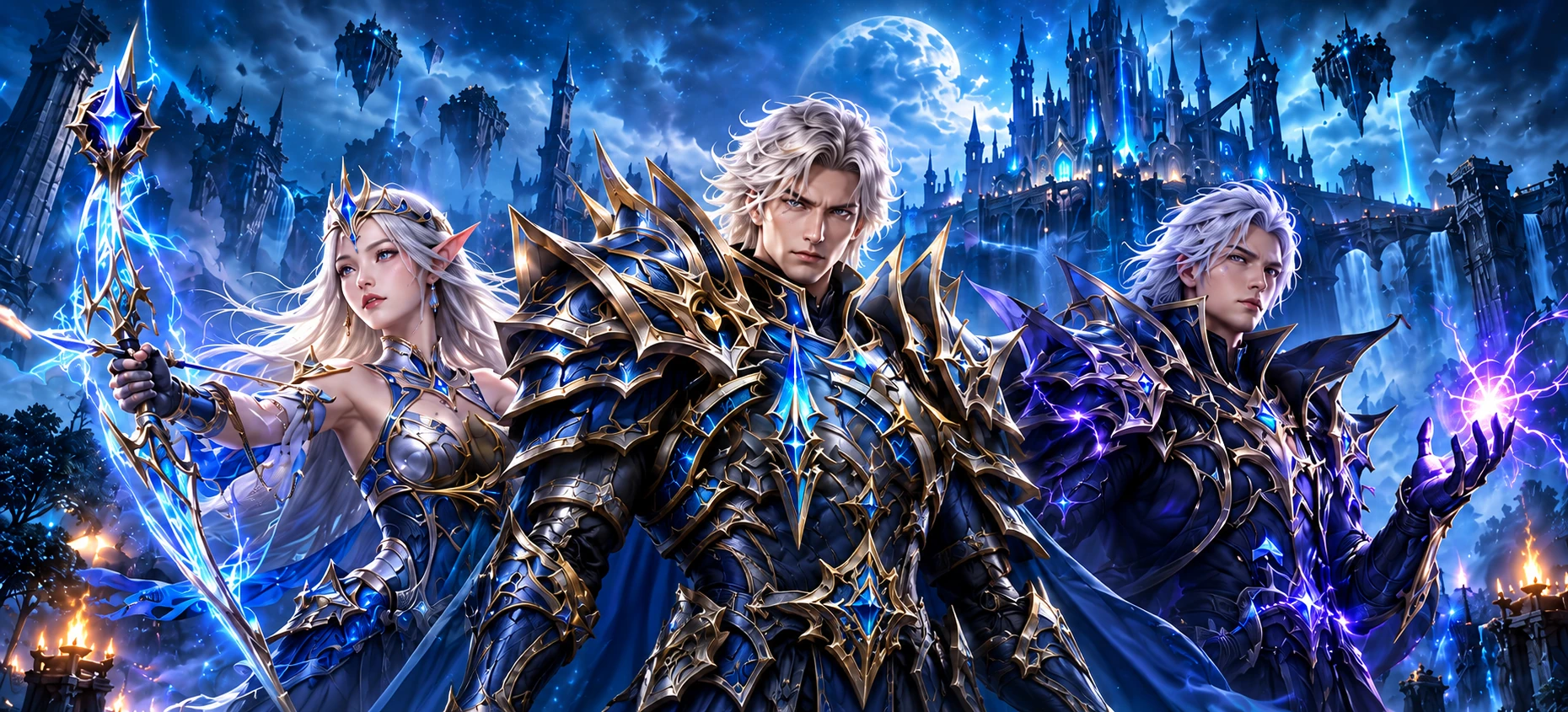 An elf archer, an armored knight and a mage before the moonlit realm